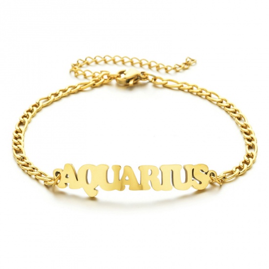 Picture of 304 Stainless Steel 3:1 Figaro Link Chain Bracelets Gold Plated Word Message " AQUARIUS " 16cm(6 2/8") long, 1 Piece