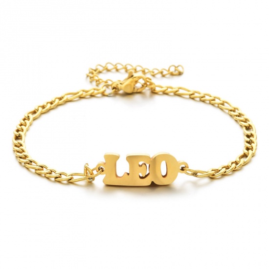 Picture of 304 Stainless Steel 3:1 Figaro Link Chain Bracelets Gold Plated Word Message " LEO " 16cm(6 2/8") long, 1 Piece