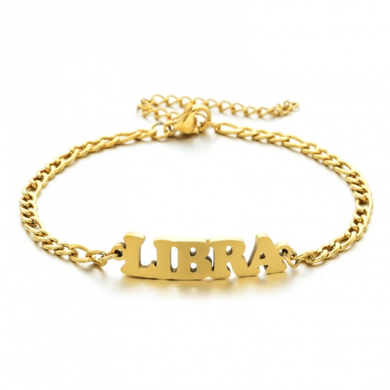 Picture of 304 Stainless Steel 3:1 Figaro Link Chain Bracelets Gold Plated Word Message " Libra " 16cm(6 2/8") long, 1 Piece