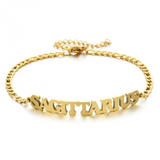 Picture of 304 Stainless Steel 3:1 Figaro Link Chain Bracelets Gold Plated Word Message " SAGUTTARIUS " 16cm(6 2/8") long, 1 Piece