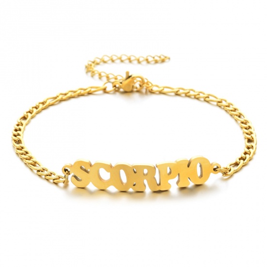 Picture of 304 Stainless Steel 3:1 Figaro Link Chain Bracelets Gold Plated Word Message " Scorpio " 16cm(6 2/8") long, 1 Piece