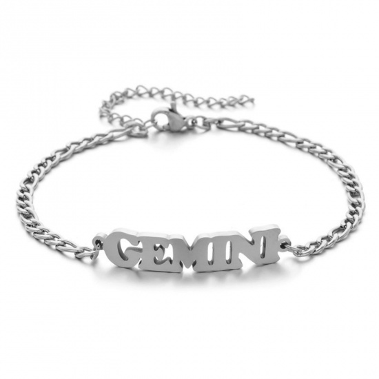 Picture of 304 Stainless Steel 3:1 Figaro Link Chain Bracelets Silver Tone Word Message " Gemini " 16cm(6 2/8") long, 1 Piece