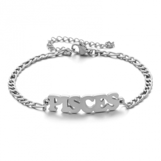 Picture of 304 Stainless Steel 3:1 Figaro Link Chain Bracelets Silver Tone Word Message " Pisces " 16cm(6 2/8") long, 1 Piece
