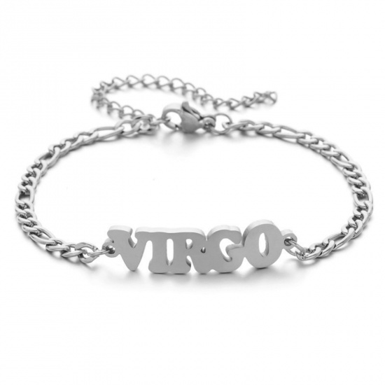 Picture of 304 Stainless Steel 3:1 Figaro Link Chain Bracelets Silver Tone Word Message " VIRGO " 16cm(6 2/8") long, 1 Piece