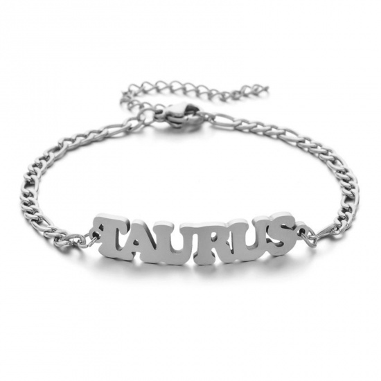 Picture of 304 Stainless Steel 3:1 Figaro Link Chain Bracelets Silver Tone Word Message " TAURUS " 16cm(6 2/8") long, 1 Piece