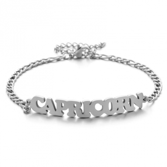 Picture of 304 Stainless Steel 3:1 Figaro Link Chain Bracelets Word Message " Capricorn " 16cm(6 2/8") long, 1 Piece