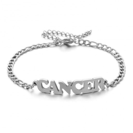 Picture of 304 Stainless Steel 3:1 Figaro Link Chain Bracelets Silver Tone Word Message " CANCER " 16cm(6 2/8") long, 1 Piece