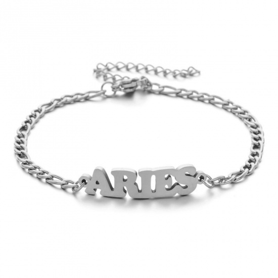 Picture of 304 Stainless Steel 3:1 Figaro Link Chain Bracelets Silver Tone Word Message " ARIES " 16cm(6 2/8") long, 1 Piece