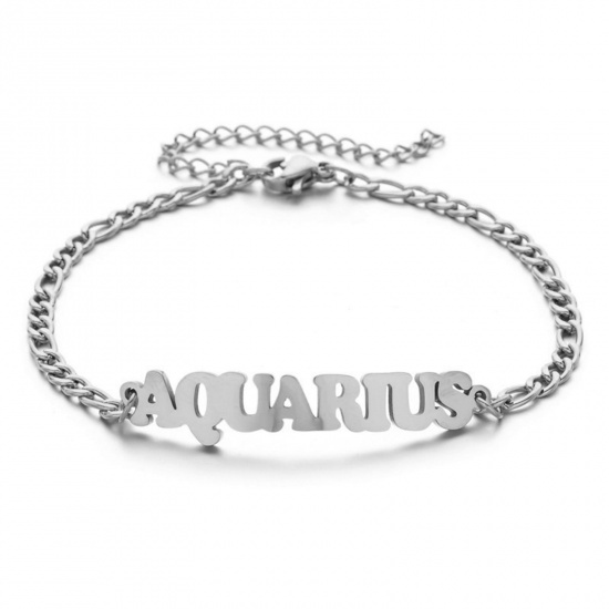 Picture of 304 Stainless Steel 3:1 Figaro Link Chain Bracelets Silver Tone Word Message " AQUARIUS " 16cm(6 2/8") long, 1 Piece