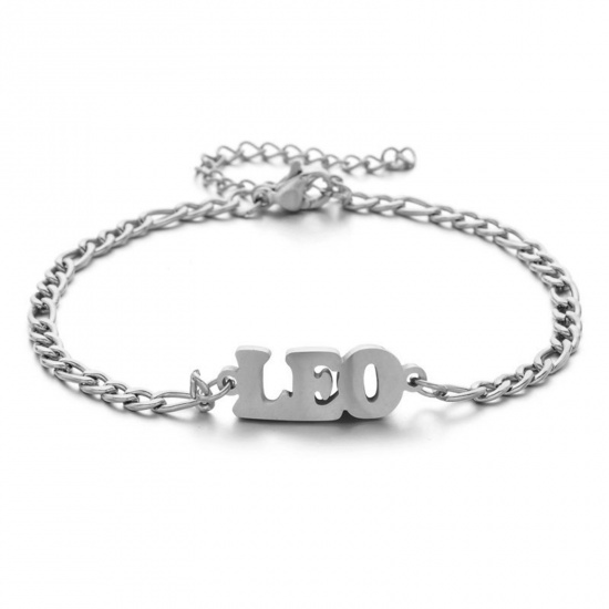 Picture of 304 Stainless Steel 3:1 Figaro Link Chain Bracelets Silver Tone Word Message " LEO " 16cm(6 2/8") long, 1 Piece