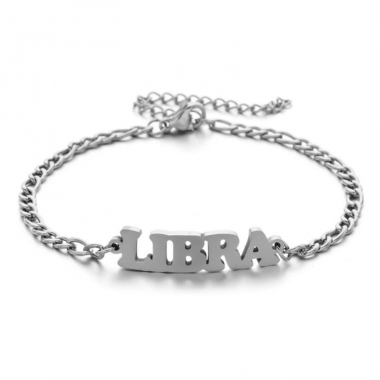 Picture of 304 Stainless Steel 3:1 Figaro Link Chain Bracelets Silver Tone Word Message " Libra " 16cm(6 2/8") long, 1 Piece