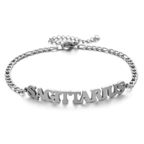 Picture of 304 Stainless Steel 3:1 Figaro Link Chain Bracelets Silver Tone Word Message " SAGUTTARIUS " 16cm(6 2/8") long, 1 Piece