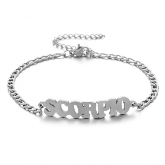 Picture of 304 Stainless Steel 3:1 Figaro Link Chain Bracelets Silver Tone Word Message " Scorpio " 16cm(6 2/8") long, 1 Piece