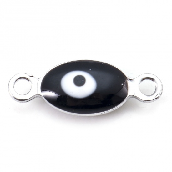 Picture of 304 Stainless Steel Religious Connectors Silver Tone Black & White Marquise Evil Eye Double-sided Enamel 15.5mm x 6mm, 10 PCs
