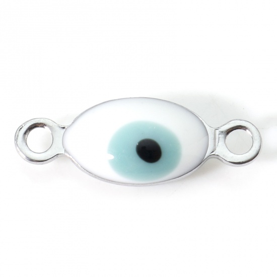 Picture of 304 Stainless Steel Religious Connectors Silver Tone White & Sage Green Marquise Evil Eye Double-sided Enamel 15.5mm x 6mm, 10 PCs