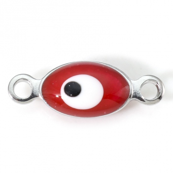 Picture of 304 Stainless Steel Religious Connectors Silver Tone White & Red Marquise Evil Eye Double-sided Enamel 15.5mm x 6mm, 10 PCs