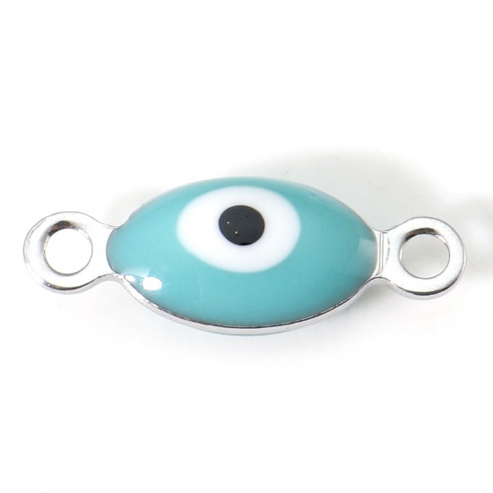 Picture of 304 Stainless Steel Religious Connectors Silver Tone Green Blue Marquise Evil Eye Double-sided Enamel 15.5mm x 6mm, 10 PCs