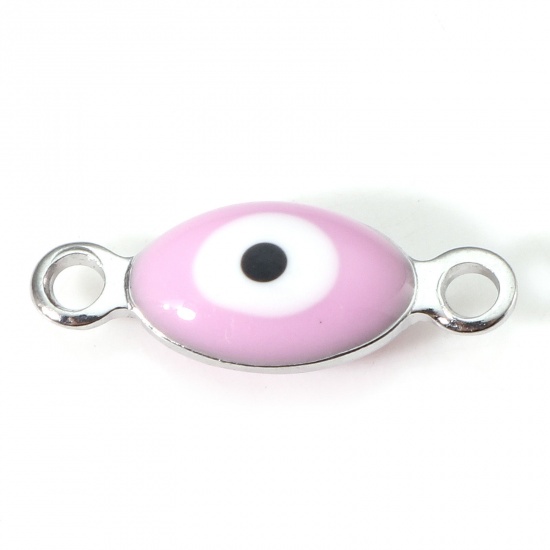 Picture of 304 Stainless Steel Religious Connectors Silver Tone White & Pink Marquise Evil Eye Double-sided Enamel 15.5mm x 6mm, 10 PCs