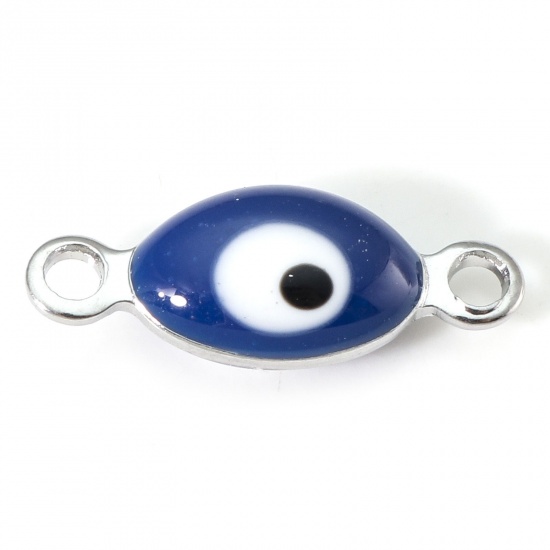 Picture of 304 Stainless Steel Religious Connectors Silver Tone White & Dark Blue Marquise Evil Eye Double-sided Enamel 15.5mm x 6mm, 10 PCs