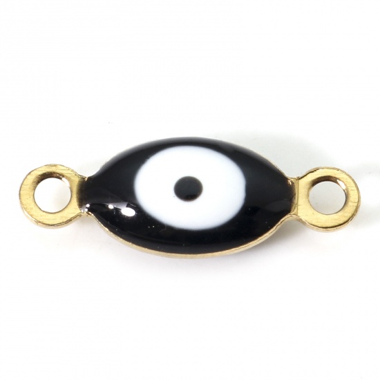 Picture of 304 Stainless Steel Religious Connectors Gold Plated Black & White Marquise Evil Eye Double-sided Enamel 15.5mm x 6mm, 10 PCs