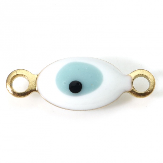 Picture of 304 Stainless Steel Religious Connectors Gold Plated White & Sage Green Marquise Evil Eye Double-sided Enamel 15.5mm x 6mm, 10 PCs
