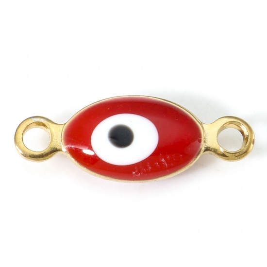 Picture of 304 Stainless Steel Religious Connectors Gold Plated White & Red Marquise Evil Eye Double-sided Enamel 15.5mm x 6mm, 10 PCs