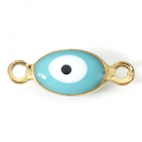 Picture of 304 Stainless Steel Religious Connectors Gold Plated Green Blue Marquise Evil Eye Double-sided Enamel 15.5mm x 6mm, 10 PCs