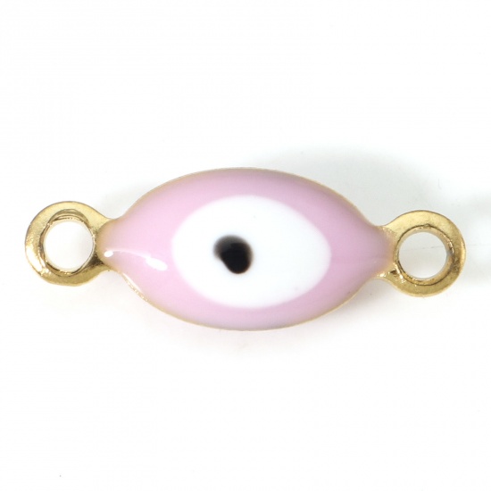 Picture of 304 Stainless Steel Religious Connectors Gold Plated White & Pink Marquise Evil Eye Double-sided Enamel 15.5mm x 6mm, 10 PCs