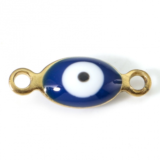 Picture of 304 Stainless Steel Religious Connectors Gold Plated White & Dark Blue Marquise Evil Eye Double-sided Enamel 15.5mm x 6mm, 10 PCs