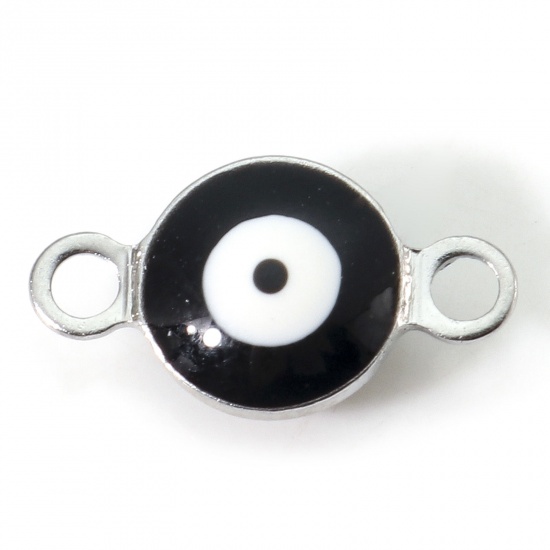 Picture of 304 Stainless Steel Religious Connectors Silver Tone Black & White Round Evil Eye Double-sided Enamel 11mm x 6mm, 10 PCs