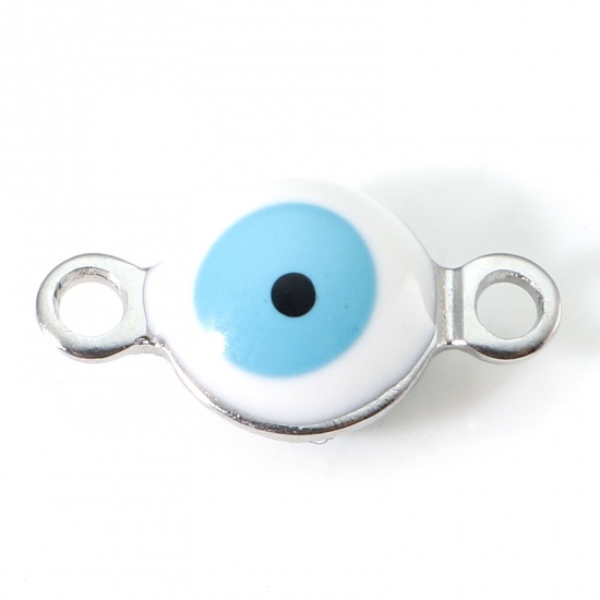 Picture of 304 Stainless Steel Religious Connectors Silver Tone White & Blue Round Evil Eye Double-sided Enamel 11mm x 6mm, 10 PCs