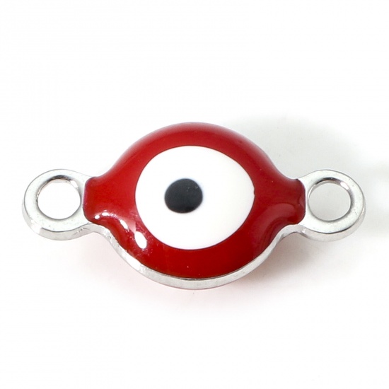 Picture of 304 Stainless Steel Religious Connectors Silver Tone White & Red Round Evil Eye Double-sided Enamel 11mm x 6mm, 10 PCs