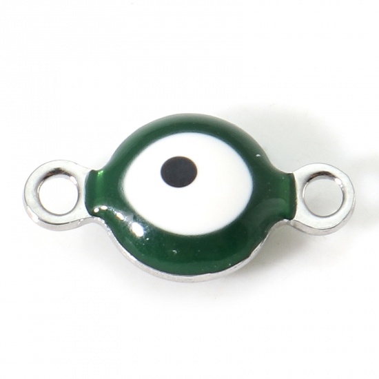 Picture of 304 Stainless Steel Religious Connectors Silver Tone White & Green Round Evil Eye Double-sided Enamel 11mm x 6mm, 10 PCs