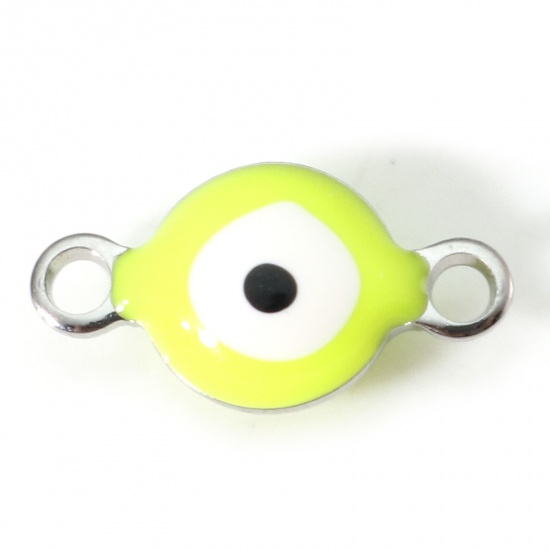 Picture of 304 Stainless Steel Religious Connectors Silver Tone Neon Yellow Round Evil Eye Double-sided Enamel 11mm x 6mm, 10 PCs