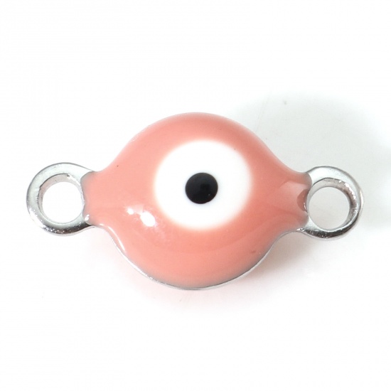 Picture of 304 Stainless Steel Religious Connectors Silver Tone Orange Pink Round Evil Eye Double-sided Enamel 11mm x 6mm, 10 PCs