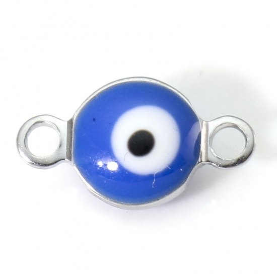 Picture of 304 Stainless Steel Religious Connectors Silver Tone Royal Blue Round Evil Eye Double-sided Enamel 11mm x 6mm, 10 PCs