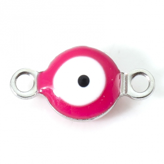 Picture of 304 Stainless Steel Religious Connectors Silver Tone White & Fuchsia Round Evil Eye Double-sided Enamel 11mm x 6mm, 10 PCs