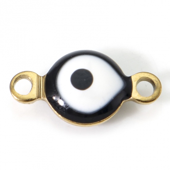 Picture of 304 Stainless Steel Religious Connectors Gold Plated Black & White Round Evil Eye Double-sided Enamel 11mm x 6mm, 10 PCs