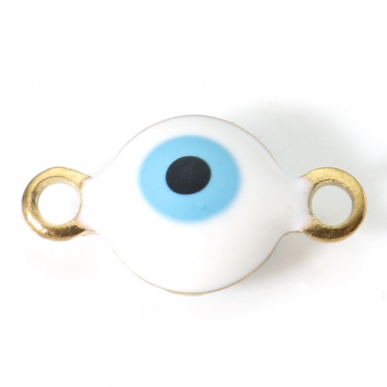 Picture of 304 Stainless Steel Religious Connectors Gold Plated White & Blue Round Evil Eye Double-sided Enamel 11mm x 6mm, 10 PCs