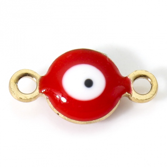 Picture of 304 Stainless Steel Religious Connectors Gold Plated White & Red Round Evil Eye Double-sided Enamel 11mm x 6mm, 10 PCs