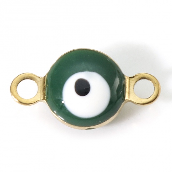 Picture of 304 Stainless Steel Religious Connectors Gold Plated White & Green Round Evil Eye Double-sided Enamel 11mm x 6mm, 10 PCs