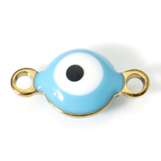 Picture of 304 Stainless Steel Religious Connectors Gold Plated White & Light Blue Round Evil Eye Double-sided Enamel 11mm x 6mm, 10 PCs