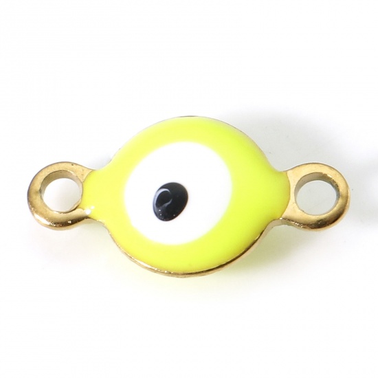 Picture of 304 Stainless Steel Religious Connectors Gold Plated Neon Yellow Round Evil Eye Double-sided Enamel 11mm x 6mm, 10 PCs