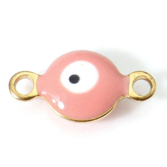 Picture of 304 Stainless Steel Religious Connectors Gold Plated Orange Pink Round Evil Eye Double-sided Enamel 11mm x 6mm, 10 PCs