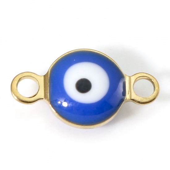 Picture of 304 Stainless Steel Religious Connectors Gold Plated Royal Blue Round Evil Eye Double-sided Enamel 11mm x 6mm, 10 PCs