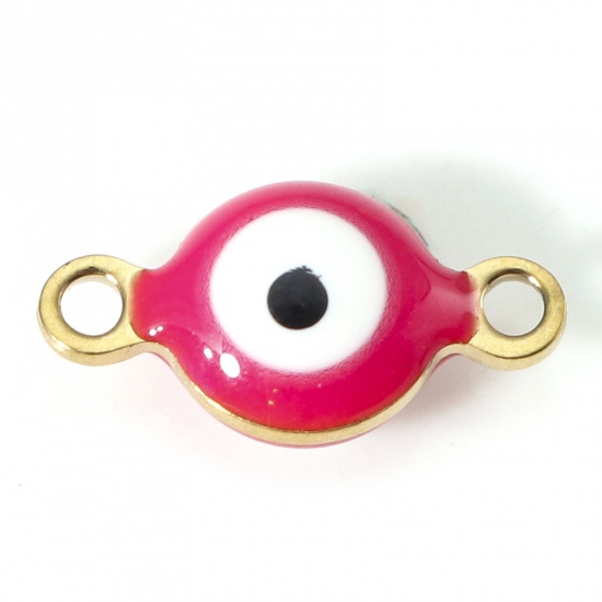 Picture of 304 Stainless Steel Religious Connectors Gold Plated White & Fuchsia Round Evil Eye Double-sided Enamel 11mm x 6mm, 10 PCs