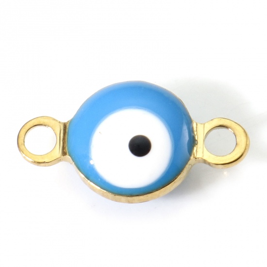 Picture of 304 Stainless Steel Religious Connectors Gold Plated Black & White Round Evil Eye Double-sided Enamel 11mm x 6mm, 10 PCs