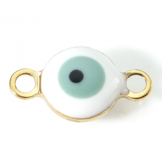 Picture of 304 Stainless Steel Religious Connectors Gold Plated White & Sage Green Round Evil Eye Double-sided Enamel 11mm x 6mm, 10 PCs