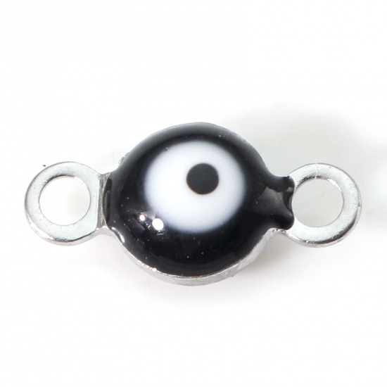 Picture of 304 Stainless Steel Religious Connectors Silver Tone Black & White Round Evil Eye Double-sided Enamel 9cm x 4.5cm, 10 PCs