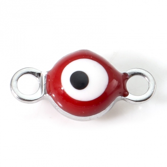 Picture of 304 Stainless Steel Religious Connectors Silver Tone White & Red Round Evil Eye Double-sided Enamel 9cm x 4.5cm, 10 PCs